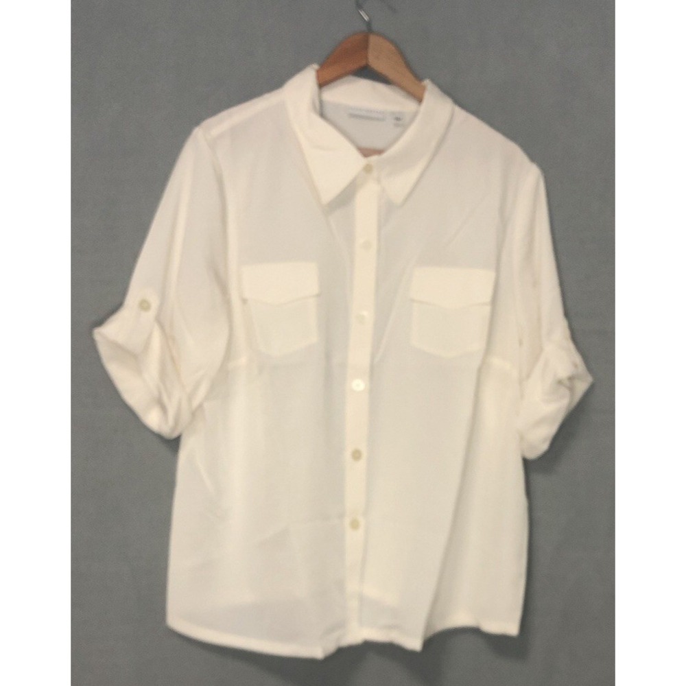 Susan Graver Ivory Roll Tab Sleeve Button Front Blouse Sz. XL NEW